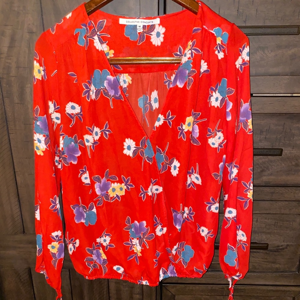 Red Floral V-Neck Top